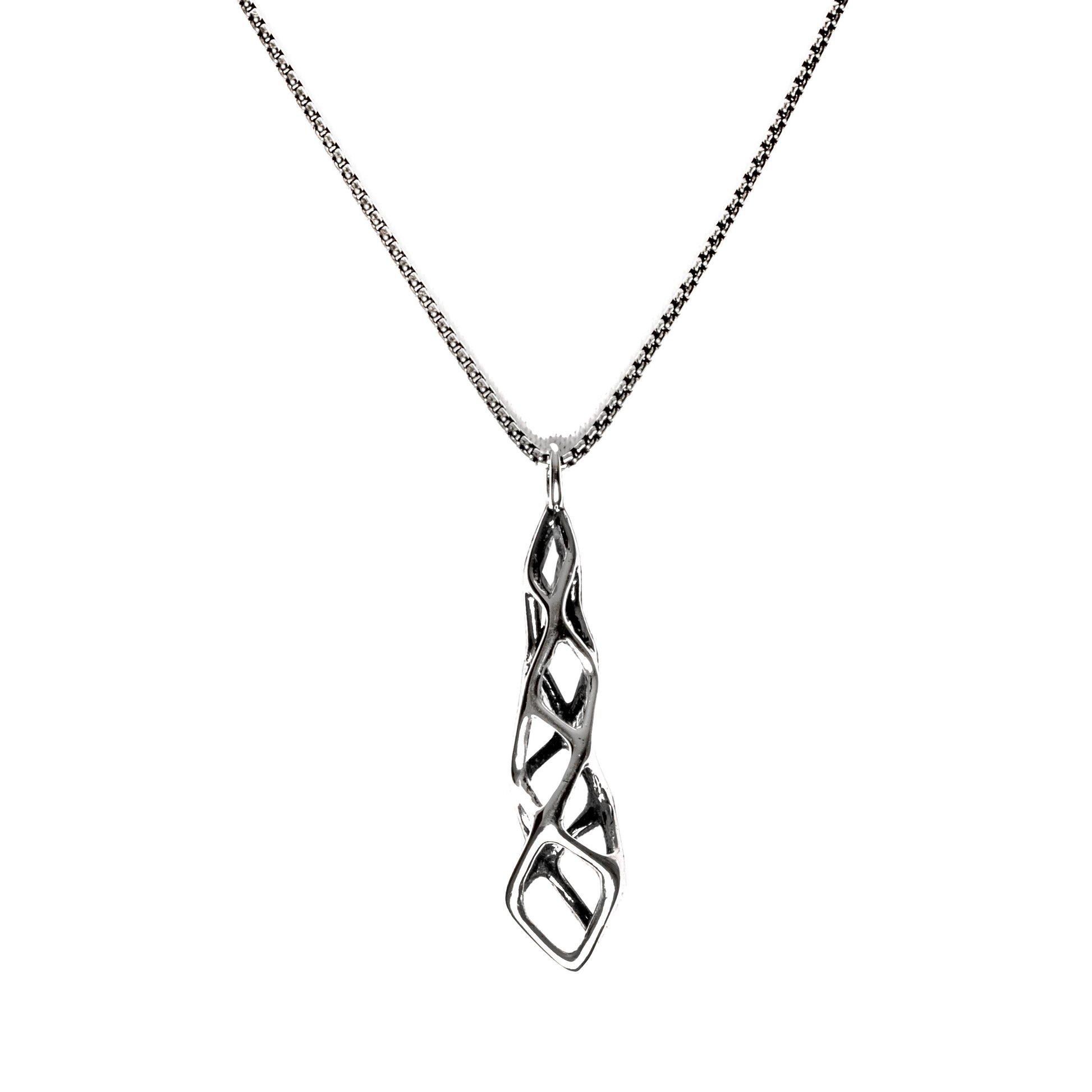 The shorty version of our spire shaped Cubicoid drop pendant is shown here on a white background. The solid sterling silver necklace is contrast oxidized for maximum impact. 