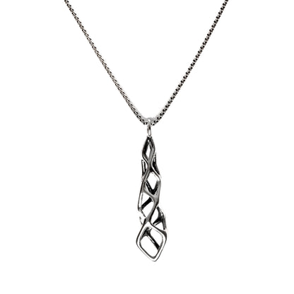 The shorty version of our spire shaped Cubicoid drop pendant is shown here on a white background. The solid sterling silver necklace is contrast oxidized for maximum impact. 