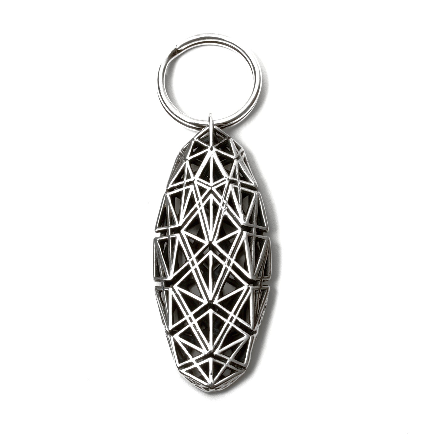 Sterling silver keychain with angular architectural lattice design. 