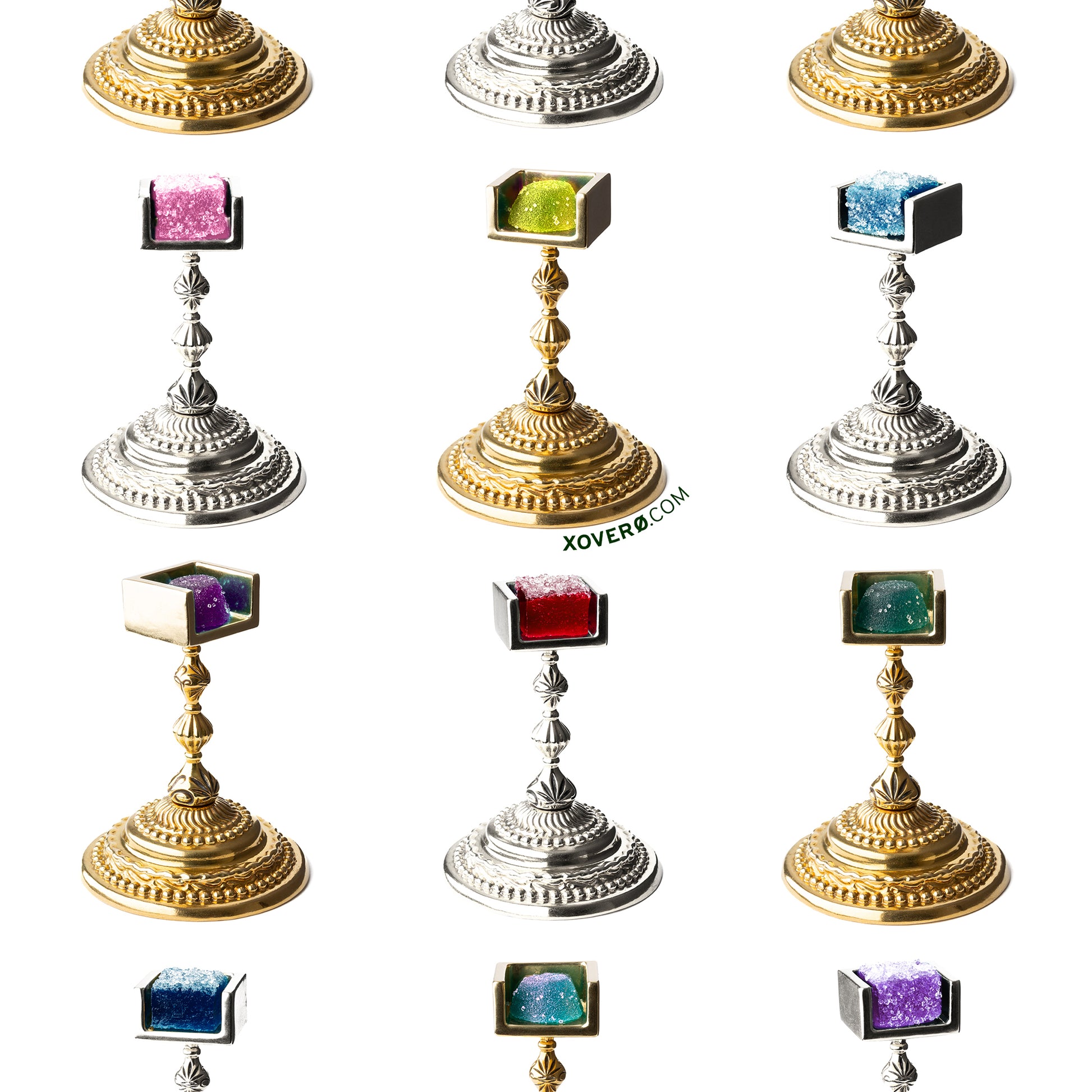 Variations of the Gummy Chalice made for cannabis edibles for formal dining: shown here in both sterling silver and unlacquered brass options with weed, delta9, and delta8 gummies in every color and flavor. 