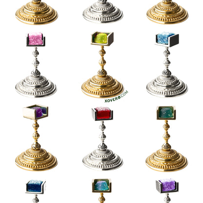 Variations of the Gummy Chalice made for cannabis edibles for formal dining: shown here in both sterling silver and unlacquered brass options with weed, delta9, and delta8 gummies in every color and flavor. 