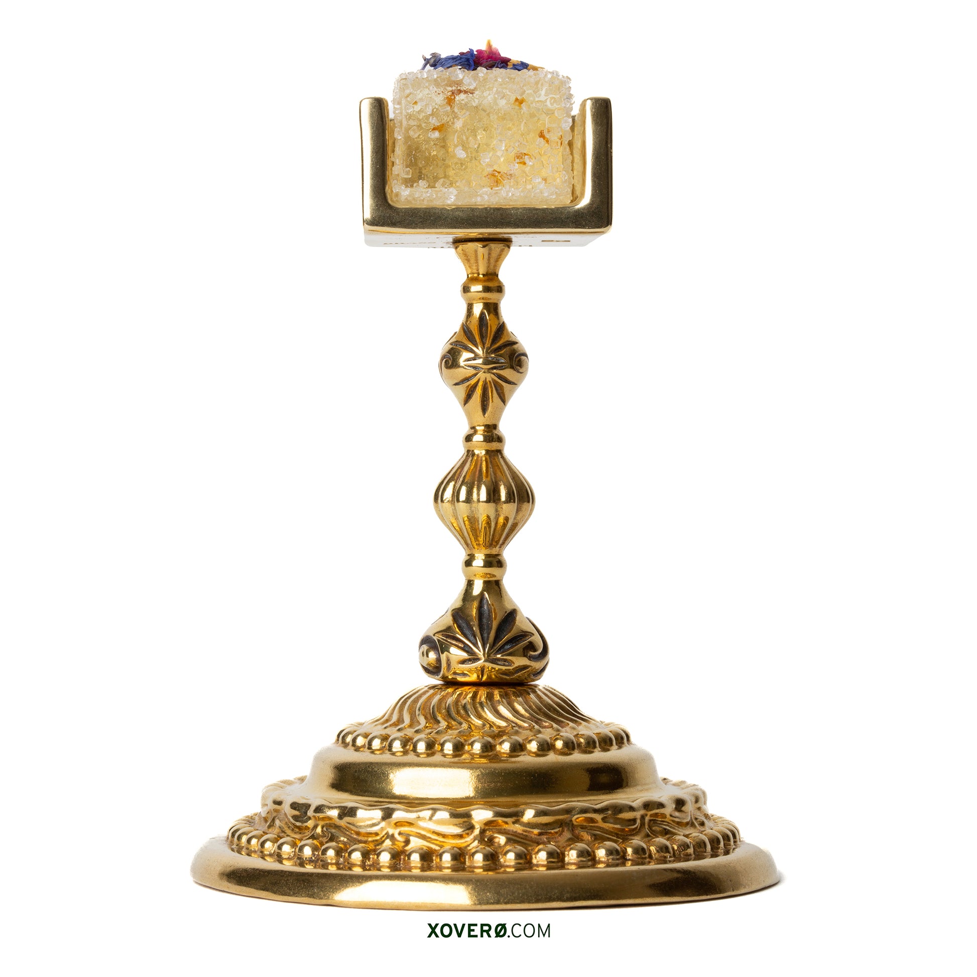 Dedicated weed gummy or pot edible holder for formal dining events crafted by artisans in unlacquered brass. 
