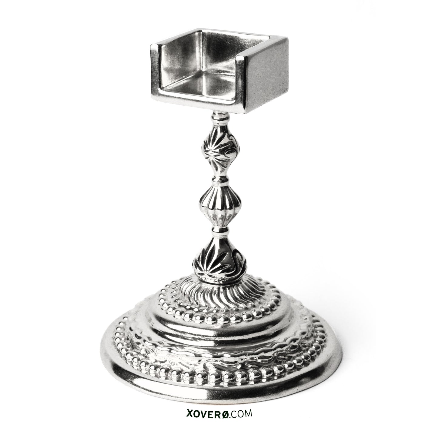 Formal dining chalice for marijuana edible crafted by artisans in solid sterling silver. This detailed piece is decorated with dimensional beading and contrast oxidized marijuana leaves. 