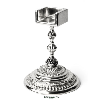Formal dining chalice for marijuana edible crafted by artisans in solid sterling silver. This detailed piece is decorated with dimensional beading and contrast oxidized marijuana leaves. 