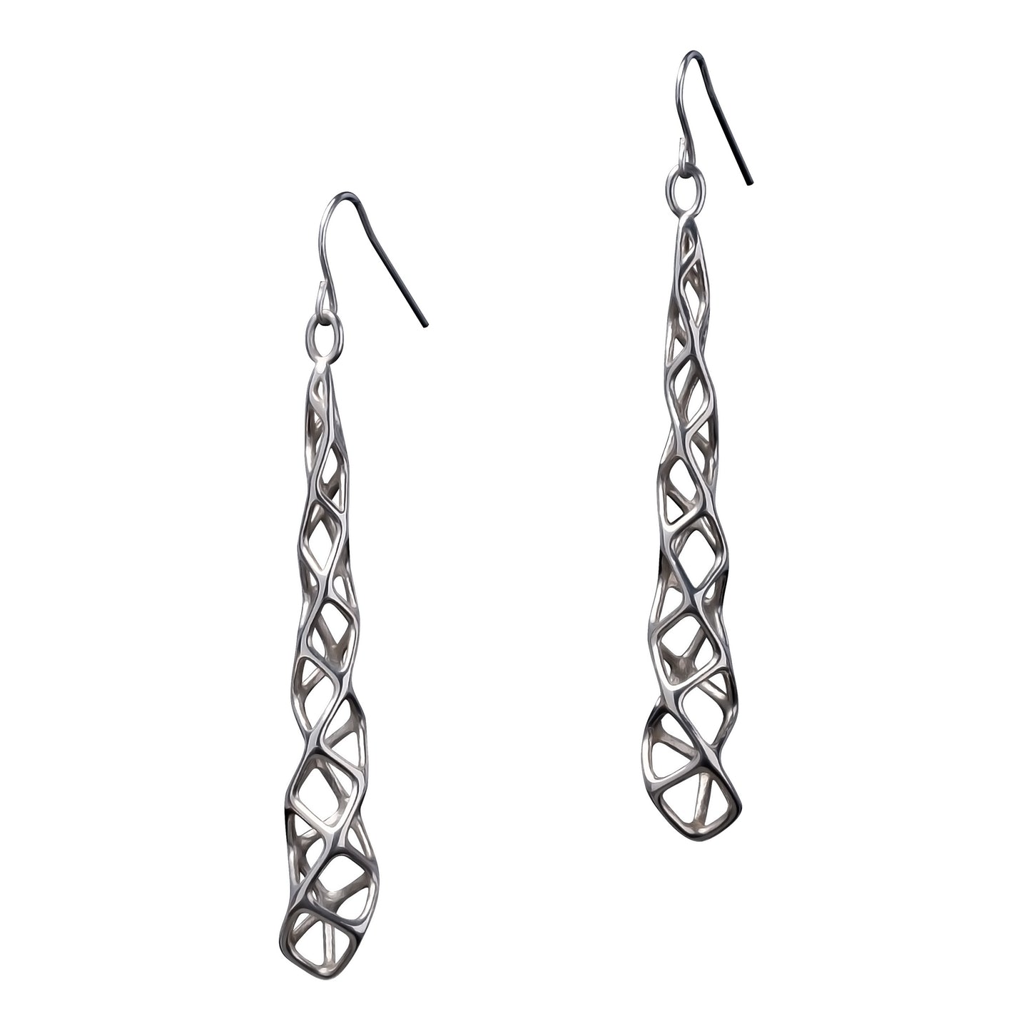 A cube twists and spirals to form these latticework dangle earrings. Made of solid sterling and suspended from silver french hooks, these architectural earrings are polished to a mirror finish. 